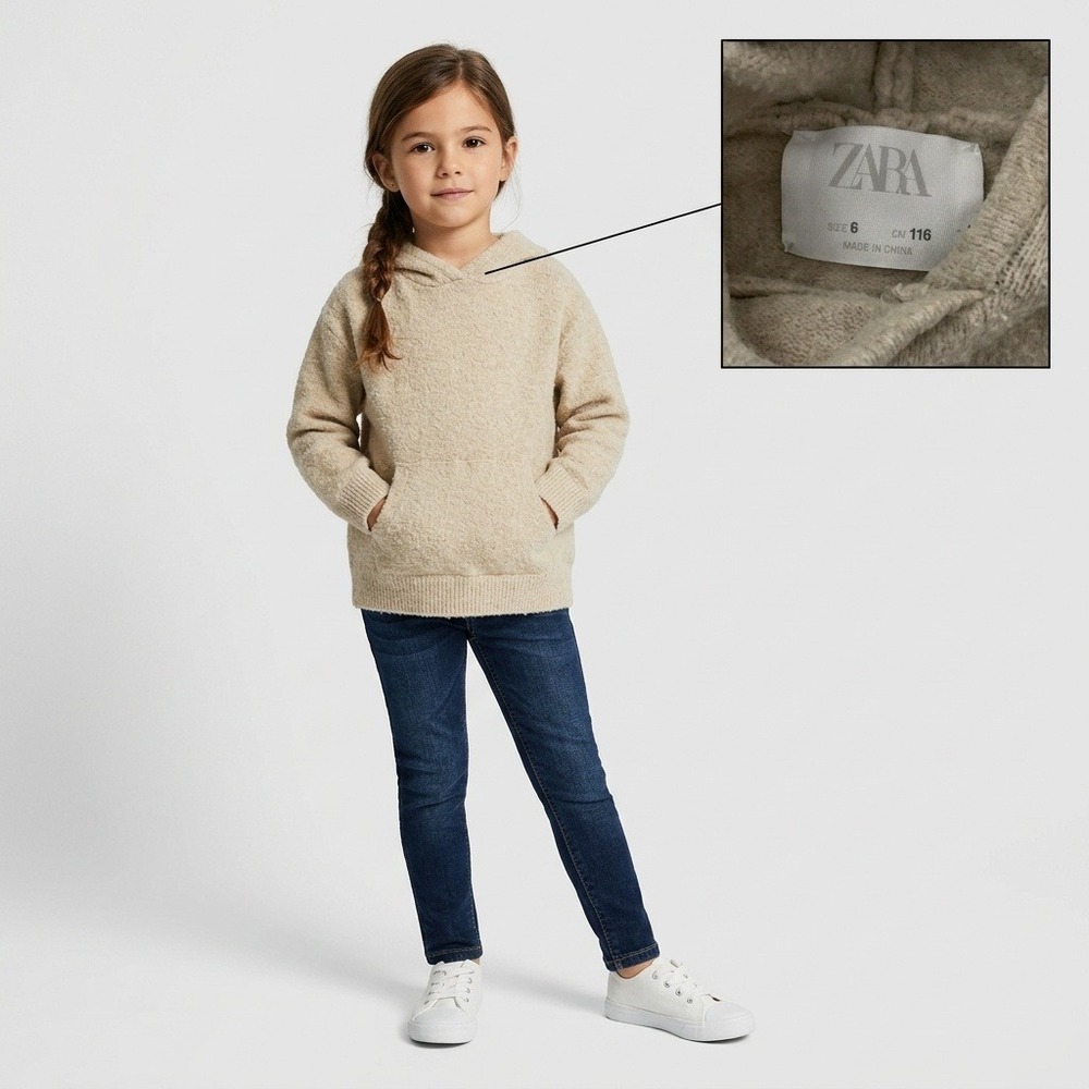 Zara Knit Hoodie Kids Size 6 Beige Good Soft Textured Long Sleeve Sweater